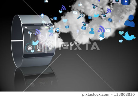 Futuristic black wristwatch with clouds and apps Futuristic black wristwatch with clouds and apps 133808830