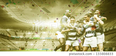 Composite of excited multiracial male players embracing each other after winning match in stadium Composite of excited multiracial male players embracing each other after winning match in stadium 133808833