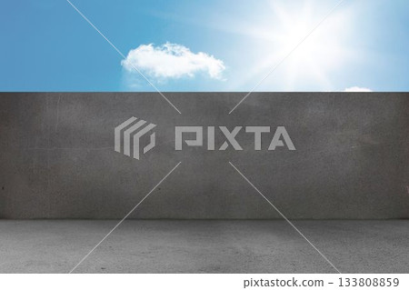 Flat design showing grey concrete barrier wall on concrete ground, with blue sky and small cloud Flat design showing grey concrete barrier wall on concrete ground, with blue sky and small cloud 133808859