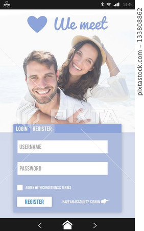 Couple are hugging on beach with app login or register form displaying heart icon and We meet logo 133808862
