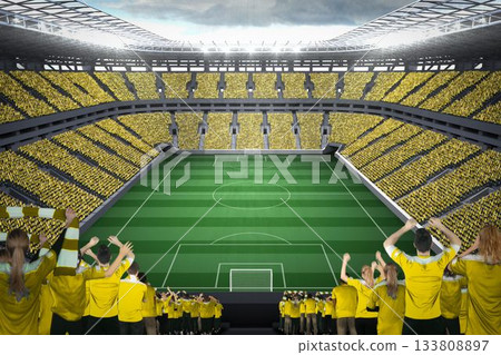 Vast football stadium with fans in yellow Vast football stadium with fans in yellow 133808897