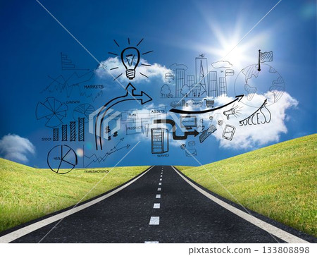 Black white graphics over sunny landscape Black white graphics over sunny landscape 133808898