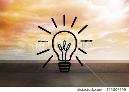 Displaying glowing lightbulb icon on concrete deck facing sea horizon with warm sky in flat design Displaying glowing lightbulb icon on concrete deck facing sea horizon with warm sky in flat design 133808899