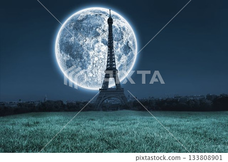 Digital composite of Large moon over paris 133808901