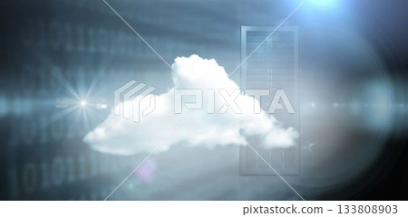 White cloud is hovering in digital concept with translucent server rack, binary streams, lens flare White cloud is hovering in digital concept with translucent server rack, binary streams, lens flare 133808903