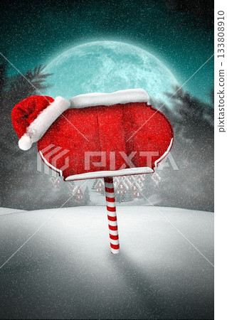 Decorative red wooden sign is standing in winter flat design with candy cane pole, Santa hat 133808910