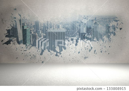 Abstract city skyline artwork is being shown in flat illustration studio space, with paint splatter 133808915
