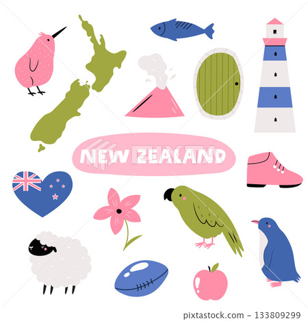 Cute New Zealand Ready Design with Kiwi, Kea Bird, Map, Sheep, Volcano, Lighthouse and Rugby Ball Illustration Cute New Zealand Ready Design with Kiwi, Kea Bird, Map, Sheep, Volcano, Lighthouse and Rugby Ball Illustration 133809299