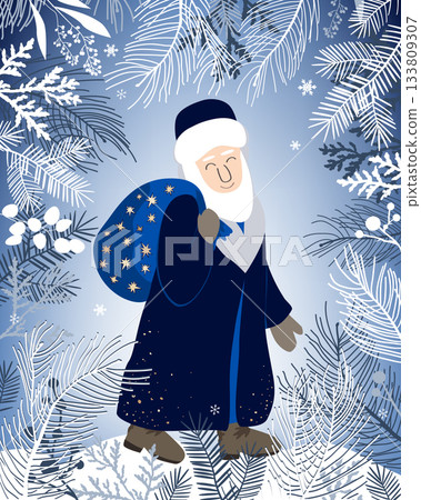 Cute Saint Nicholas walking through the winter forest with a gift sack. Cartoon Santa character with a gift bag. Saint Nicholas day vector illustration 133809307