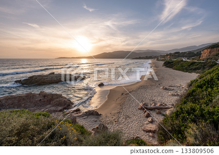 Sunset at Santana Beach view Golf at Sagone Corsica France beautyful sand Beach boats mountain village Tourism concept Sunset at Santana Beach view Golf at Sagone Corsica France beautyful sand Beach boats mountain village Tourism concept 133809506