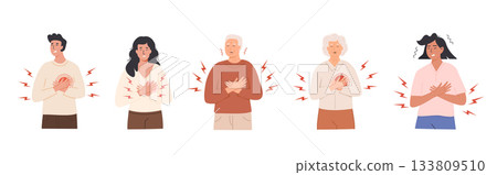Set of people experiencing chest pain and heart discomfort with a pained expression. Symptoms of heart attack, angina, respiratory issues. Flat Style Vector Illustration isolated on white background. Set of people experiencing chest pain and heart discomfort with a pained expression. Symptoms of heart attack, angina, respiratory issues. Flat Style Vector Illustration isolated on white background. 133809510