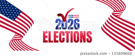 2026 Elections Banner with Flowing Red Stripes and Modern Patriotic Layout 133809608