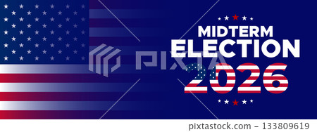Midterm Election 2026 Banner with Horizontal Flag Bars and Patriotic Colors Midterm Election 2026 Banner with Horizontal Flag Bars and Patriotic Colors 133809619