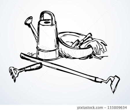 Vector drawing. Garden gloves, shovel and rake Vector drawing. Garden gloves, shovel and rake 133809634