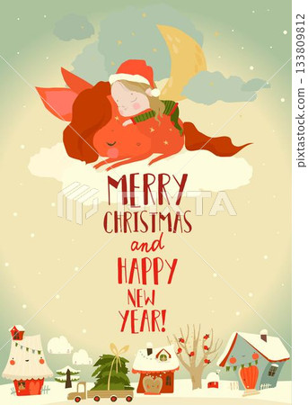 Cute Girl lying with Red Horse on Clouds above Christmas Village Cute Girl lying with Red Horse on Clouds above Christmas Village 133809812