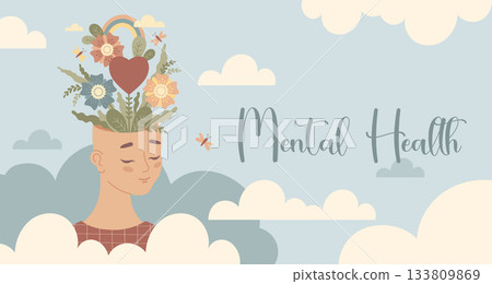 Mental Health poster. Calm Woman with Flowers, Heart and Rainbow emerging from her mind head in clouds. Wellness and emotional well-being. Self Care and Love. Vector horizontal Illustration. Not AI 133809869