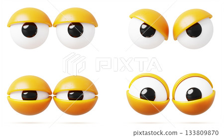 3d googly eyes with yellow eyelids. Funny character eyeballs with angry, squint and touching look. Render cartoon set of cute round open eyes for animated expression in graphic design. 3D illustration 133809870