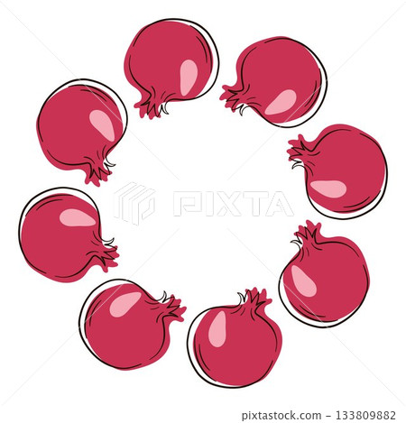 Pomegranate fruit wreath in flat style. Design for vegan card isolated on white background. 133809882