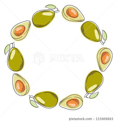 Whole and cut in half avocado wreath in flat style. Design for vegan textile package and grocery store. 133809883