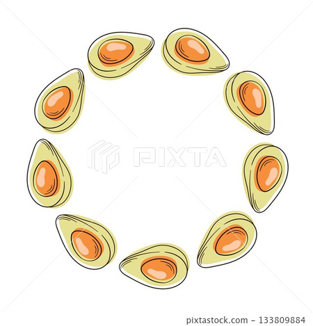 Cut in half avocado wreath in flat style. Design for vegan theme textile package. Cut in half avocado wreath in flat style. Design for vegan theme textile package. 133809884