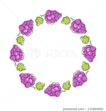 Wreath with bunch of wine grapes with leaf in flat style. 133809885