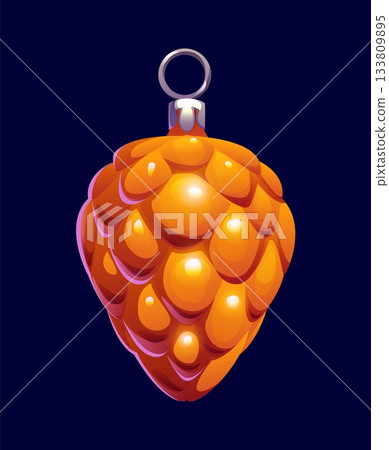 Cartoon pinecone Christmas tree holiday decoration. Vintage winter pine cone bauble ornament for xmas celebration, retro toy with shiny glow, classic festive element. Bright merry traditional decor Cartoon pinecone Christmas tree holiday decoration. Vintage winter pine cone bauble ornament for xmas celebration, retro toy with shiny glow, classic festive element. Bright merry traditional decor 133809895