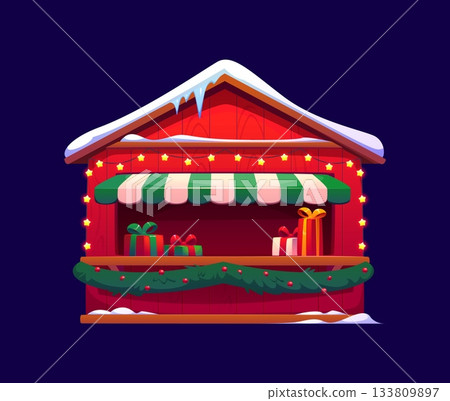 Christmas market shop, winter holiday street bazaar store kiosk and booth. Cartoon vector European wooden fair shop. Christmas market stall with festive seasonal garland decorations and holiday gifts Christmas market shop, winter holiday street bazaar store kiosk and booth. Cartoon vector European wooden fair shop. Christmas market stall with festive seasonal garland decorations and holiday gifts 133809897