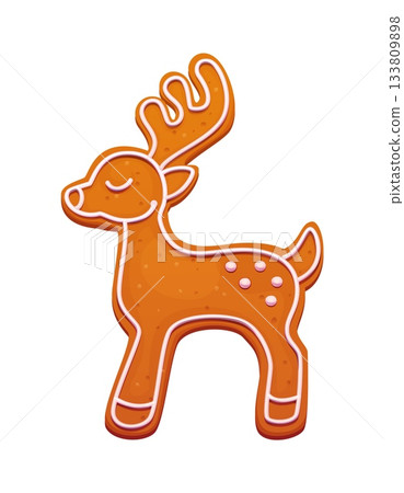 Cartoon deer animal Christmas gingerbread cookie dessert shape with icing contours, dotted decoration, warm baked texture, sweet festive glaze. Vector reindeer cozy winter holiday confectionery pastry Cartoon deer animal Christmas gingerbread cookie dessert shape with icing contours, dotted decoration, warm baked texture, sweet festive glaze. Vector reindeer cozy winter holiday confectionery pastry 133809898