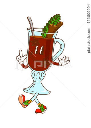 Groovy retro Christmas mulled wine character with happy smiling face, cinnamon sticks and pine decoration. Cute vector holiday cocktail mascot with red spiced drink in glass mug Groovy retro Christmas mulled wine character with happy smiling face, cinnamon sticks and pine decoration. Cute vector holiday cocktail mascot with red spiced drink in glass mug 133809904