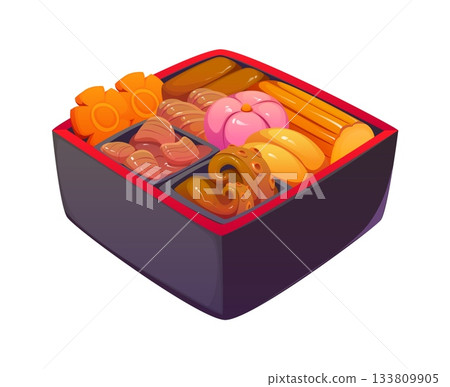 Cartoon Japanese New year bento box osechi ryori, filled with assorted festive foods such as vegetables, seafood, sweets and rolls. Vector traditional Asian culinary meal, symbol of Japan tradition Cartoon Japanese New year bento box osechi ryori, filled with assorted festive foods such as vegetables, seafood, sweets and rolls. Vector traditional Asian culinary meal, symbol of Japan tradition 133809905