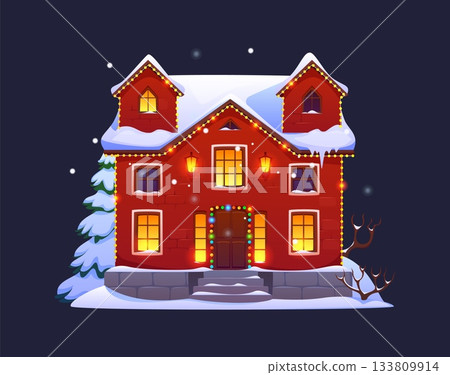 Cartoon Christmas house, winter village building with glowing garlands. Snowy cabin with illumination and light in windows. Vector European cottage facade with snowy rooftop, traditional holiday home 133809914