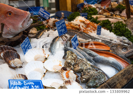Fresh Seafood Display on Ice at Borough Market in London, UK 133809962