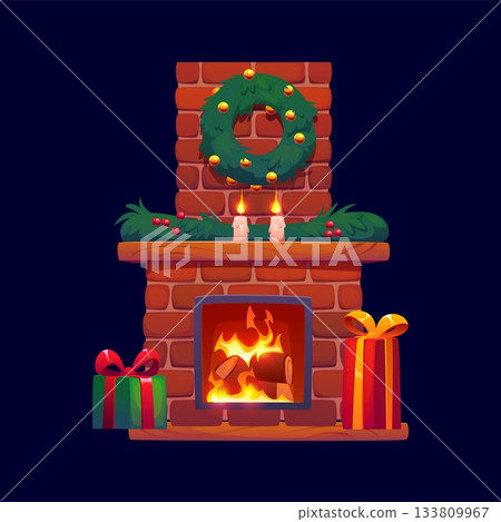 Christmas fireplace, cartoon vector interior with brick furnace, burning fire and festive wreath above shelf. Cozy retro home chimney decorated with garland, candles, winter xmas tree branch and gifts 133809967