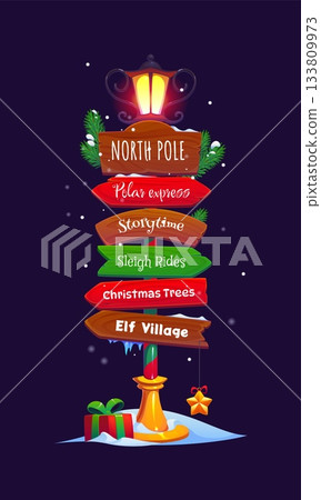 Cartoon Christmas North Pole signpost. Festive vector holiday sign showing direction arrows for xmas storytime, Polar express, sleigh rides, Christmas trees and elf village. Traditional seasonal decor 133809973