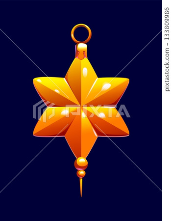 Cartoon Christmas tree golden star decoration, shiny ornament, glossy yellow bauble. Vector isolated merry holiday toy for New Year celebration. Winter xmas tree decor with bright light and sparkle 133809986
