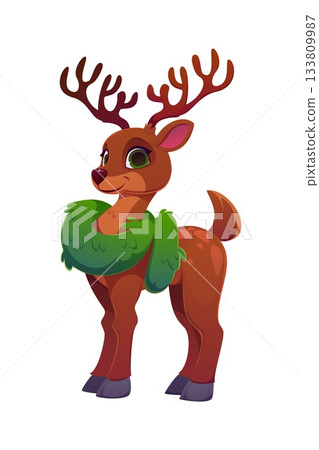 Christmas reindeer or cartoon deer animal character for winter holiday, vector personage. Funny deer in green furry scarf with happy face for Christmas greeting, New Year and Xmas character Christmas reindeer or cartoon deer animal character for winter holiday, vector personage. Funny deer in green furry scarf with happy face for Christmas greeting, New Year and Xmas character 133809987
