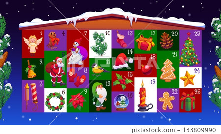Christmas advent calendar of Xmas holiday characters and gifts house vector template. Cartoon Christmas advent countdown calendar with cute Santa, snowman, Xmas tree, presents, sock and wreath 133809990
