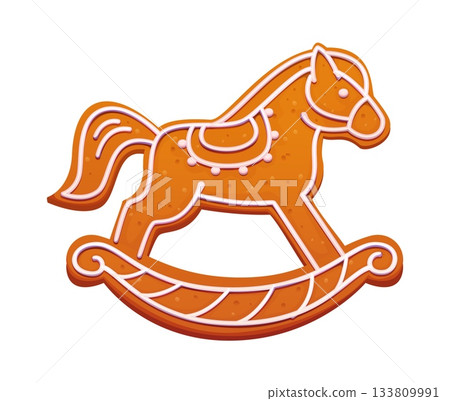 Christmas gingerbread rocking horse cookie with white icing lines and sweet dots. Cartoon vector festive holiday treat shaped as a pony, traditional winter cozy seasonal dessert with sugar decoration 133809991