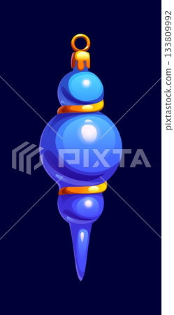 Cartoon blue icicle Christmas tree ornament with rounded glossy shape, gold rings and hanging loop. Festive winter bauble, isolated vector traditional xmas decoration, vintage decor, New Year toy Cartoon blue icicle Christmas tree ornament with rounded glossy shape, gold rings and hanging loop. Festive winter bauble, isolated vector traditional xmas decoration, vintage decor, New Year toy 133809992