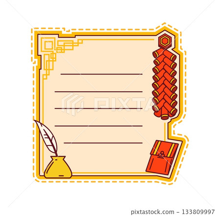 Asian Chinese Japanese and Korean kids memo note frame with red firecracker, gold ink pot, feather quill, and festive envelope. Vector decorative square note template with lined writing space 133809997