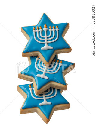 Festive blue and white hanukkah cookies in stack, featuring judaic symbols like the menorah for the festival of lights 133810027