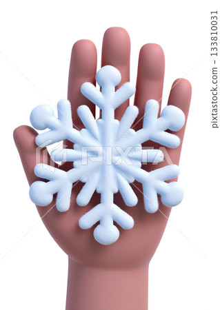 3d cartoon hand gently holding a delicate, intricately designed snowflake, representing winter magic, holiday wonder, and gentle touch 133810031