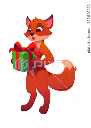 Christmas fox or cartoon animal character for Xmas winter holiday, vector personage. Funny fox with happy smile and Santa gift or Christmas present box for New Year animal character 133810032
