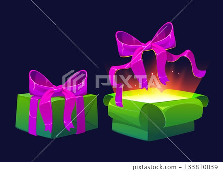 Cartoon open and closed Christmas magic gift surprise box. Glowing game present, mystery gift box, bonus, reward or prize vector UI. Open green package of Xmas present with gold light and ribbon bow 133810039