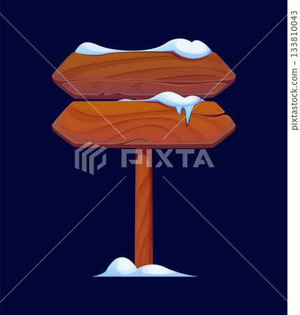 Winter Christmas wooden sign board with snow. Isolated cartoon vector directional signboard or North Pole road billboard with two wood planks and rustic texture, attached to vertical post in snowdrift 133810043