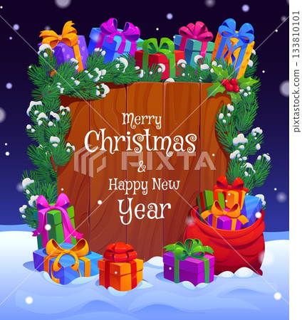 Christmas greeting card with wooden plank and gifts on the snow. Vector Xmas winter holiday wood sign board in frame of Christmas pine tree garland with gifts and holly branches covered with snow Christmas greeting card with wooden plank and gifts on the snow. Vector Xmas winter holiday wood sign board in frame of Christmas pine tree garland with gifts and holly branches covered with snow 133810101