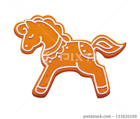 Christmas gingerbread horse cookie with white icing. Cartoon vector sweet festive pony shape, traditional dessert with sugar decoration. Holiday treat made from ginger dough, seasonal winter bakery 133810109