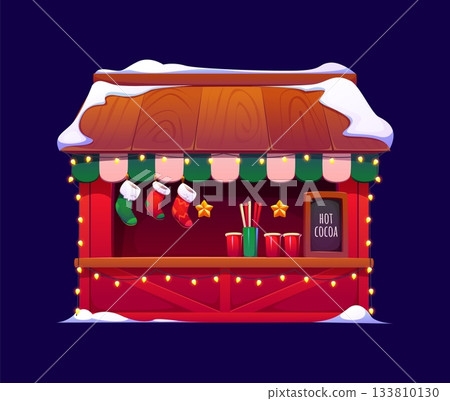 Christmas market stall with cocoa drinks, stockings and glowing lights. Cozy winter fair, street bazaar booth. Cartoon vector holiday market store or shop, decorated for festive celebration at night 133810130