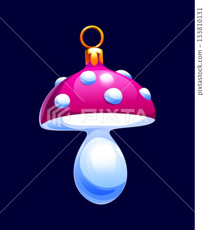 Cartoon mushroom Christmas tree decoration with bright cap and glossy smooth bottom. Vintage festive amanita fungus hanging bauble, vector ornament for winter xmas celebration. Retro merry holiday toy Cartoon mushroom Christmas tree decoration with bright cap and glossy smooth bottom. Vintage festive amanita fungus hanging bauble, vector ornament for winter xmas celebration. Retro merry holiday toy 133810131