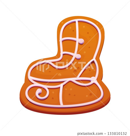 Cartoon Christmas gingerbread cookie shaped like a festive winter skate with white icing decor and baked texture. Vector sweet winter holiday dessert, cute and cozy xmas confectionery treat 133810132